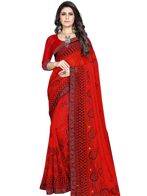 women's printed red colored saree with blouse - 18351279 - Very Small Image - 1