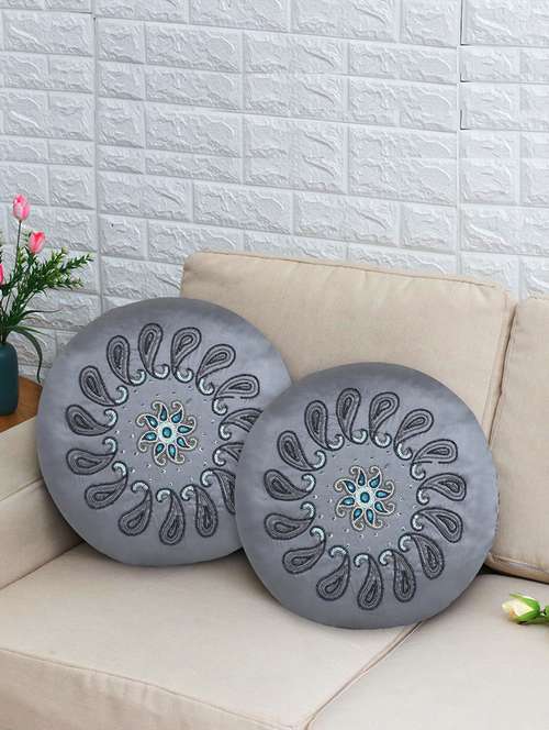 mezposh dazzle grey & multi paisely mandala embellished satin cushion covers (16")  set of 2 - 18369383 - Very Small Image - 1