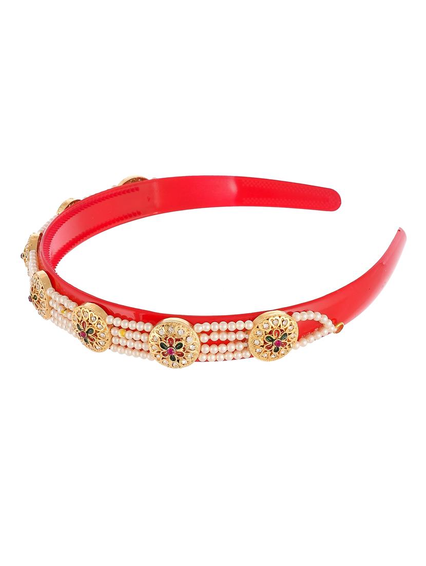 gold plated & red color beaded hair band - 18382919 - Zoom Image - 2