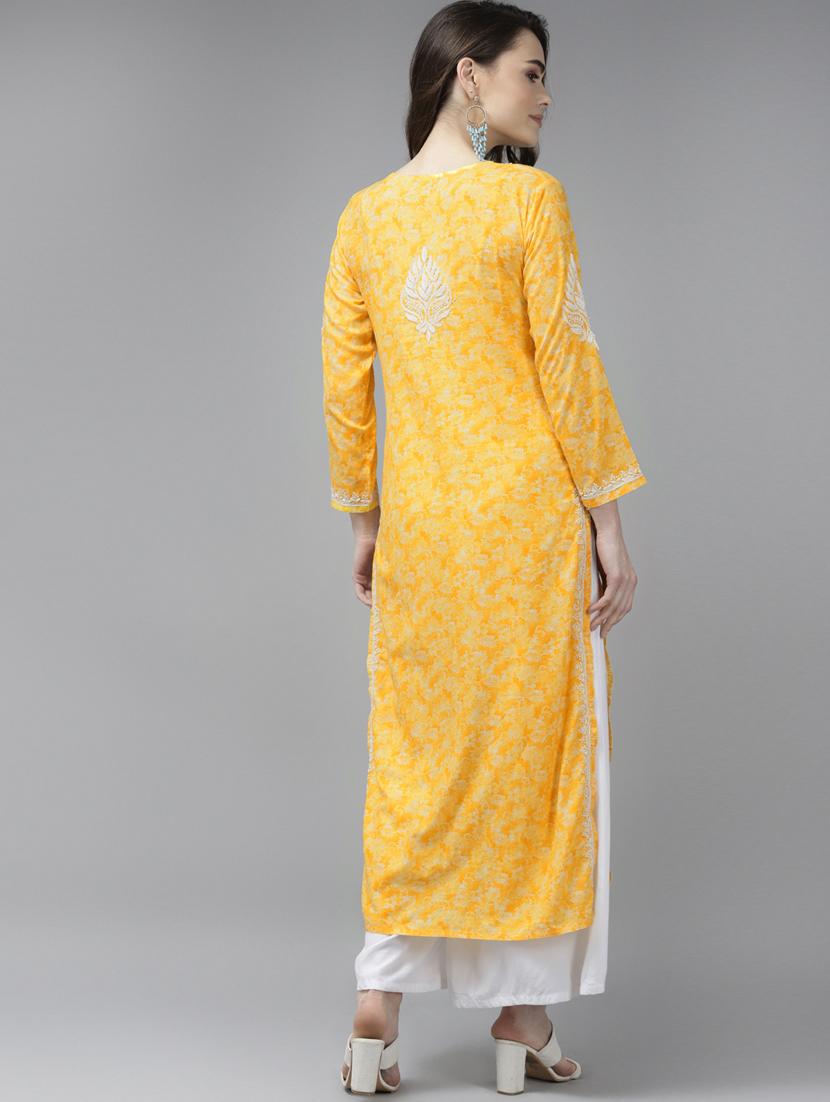 yellow cotton women chikankari straight kurta - 18439713 - Zoom Image - 3