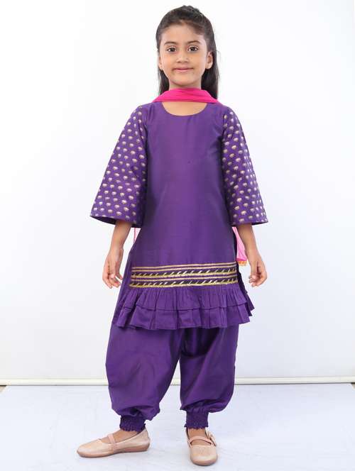 girls purple solid kurta salwar set with dupatta - 18445809 - Very Small Image - 1
