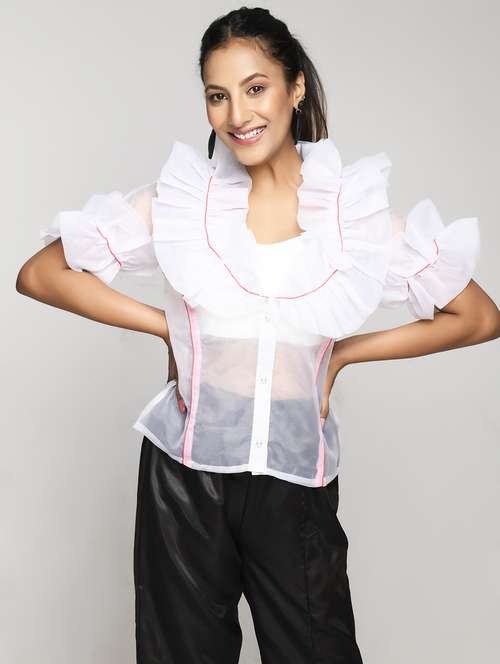 women's ruffle round neck top - 18481963 - Very Small Image - 1