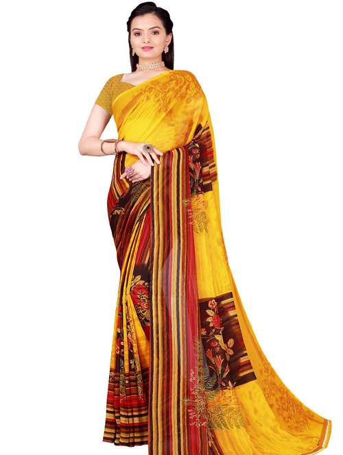 women's floral yellow colored saree with blouse - 18485085 - Very Small Image - 1