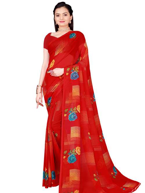 women's floral red colored saree with blouse - 18485871 - Very Small Image - 1