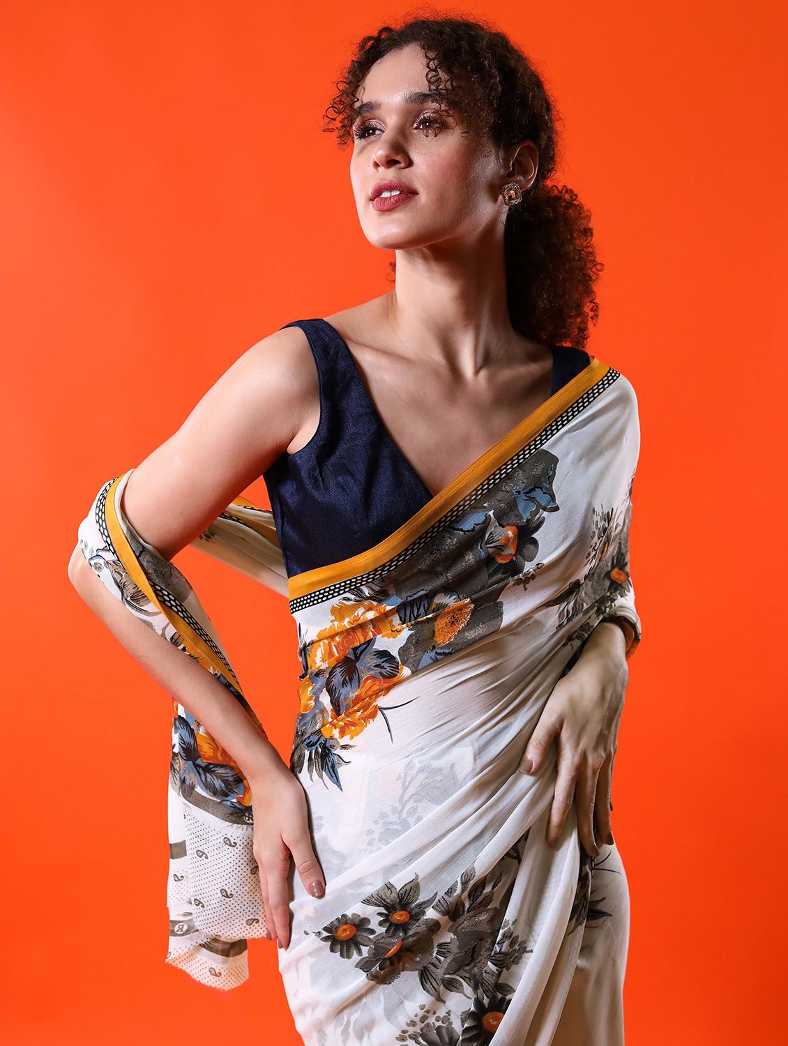women's floral white colored saree with blouse - 18488183 - Standard Image - 3