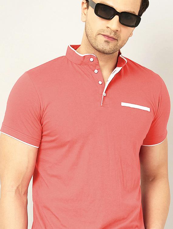 mandarin neck contrast piping solid t-shirt - 18507585 - Zoom Image - 2
