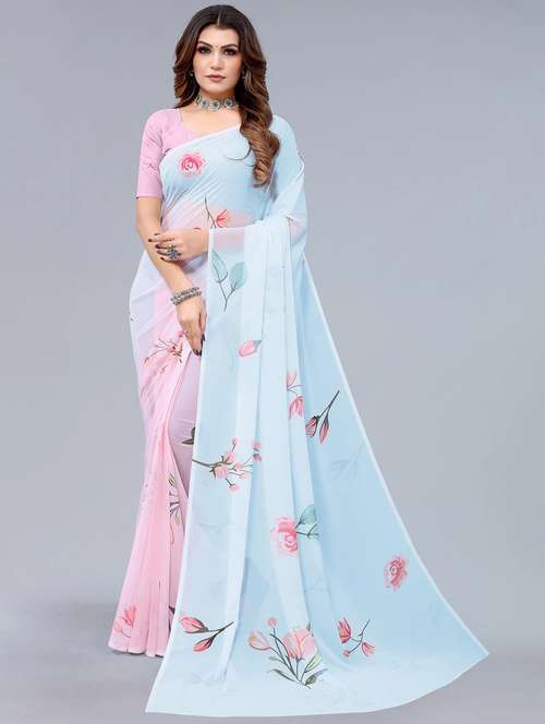 women's floral purist blue colored saree with blouse - 18547132 - Very Small Image - 1
