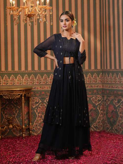 navy blue sequined fusion set  - 18576100 - Very Small Image - 1