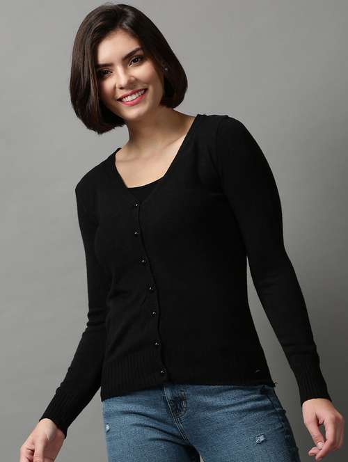 v neck solid wool cardigan - 18592451 - Very Small Image - 1