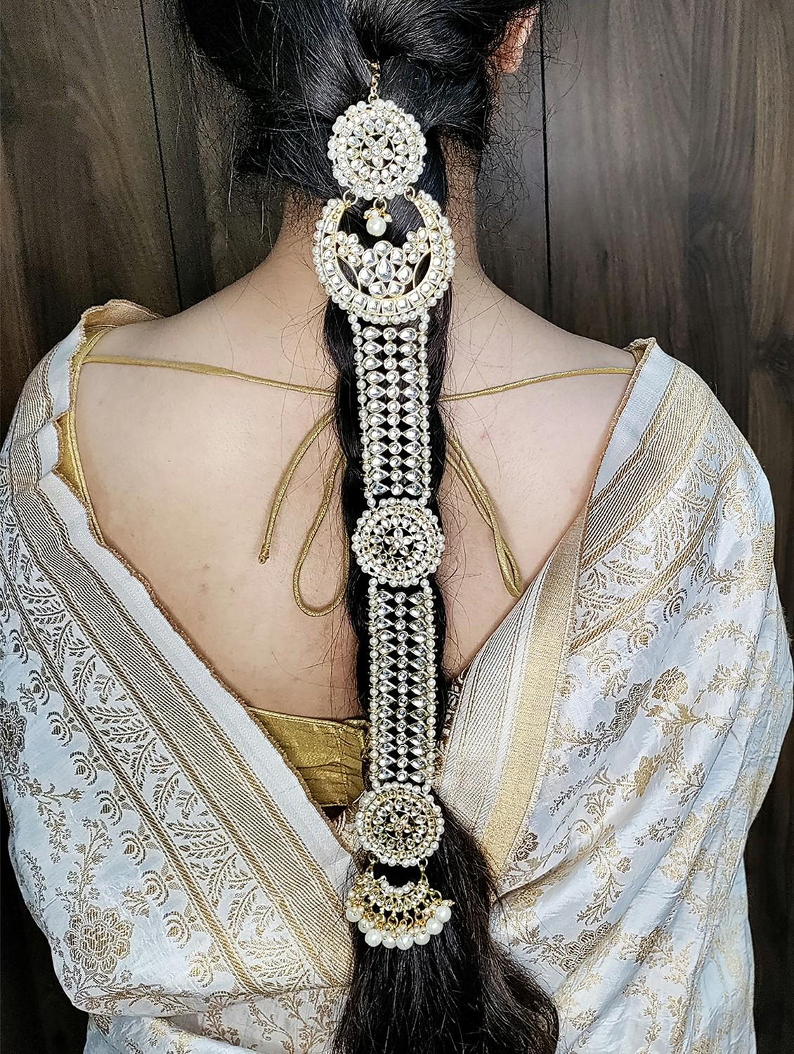 karatcart gold plated handcrafted kundan bridal wedding hair braid choti - 18635737 - Zoom Image - 2