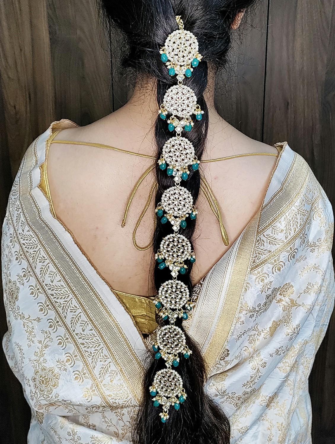 karatcart floral shape gold plated green tumble kundan bridal wedding hair braid choti - 18635739 - Zoom Image - 2