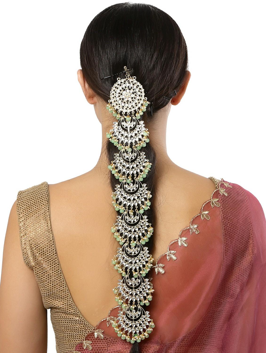 karatcart light green beads gold plated kundan bridal wedding hair braid choti - 18635745 - Zoom Image - 2