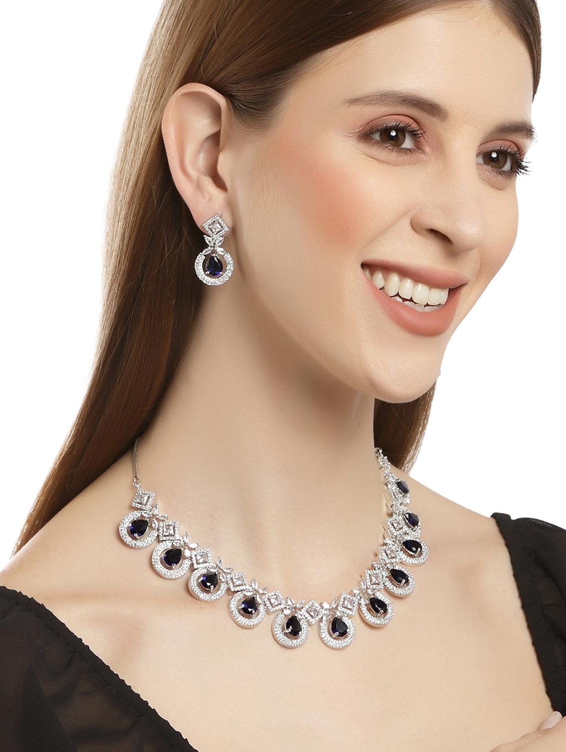 karatcart silver tone blue american diamond studded necklace set - 18635848 - Zoom Image - 4
