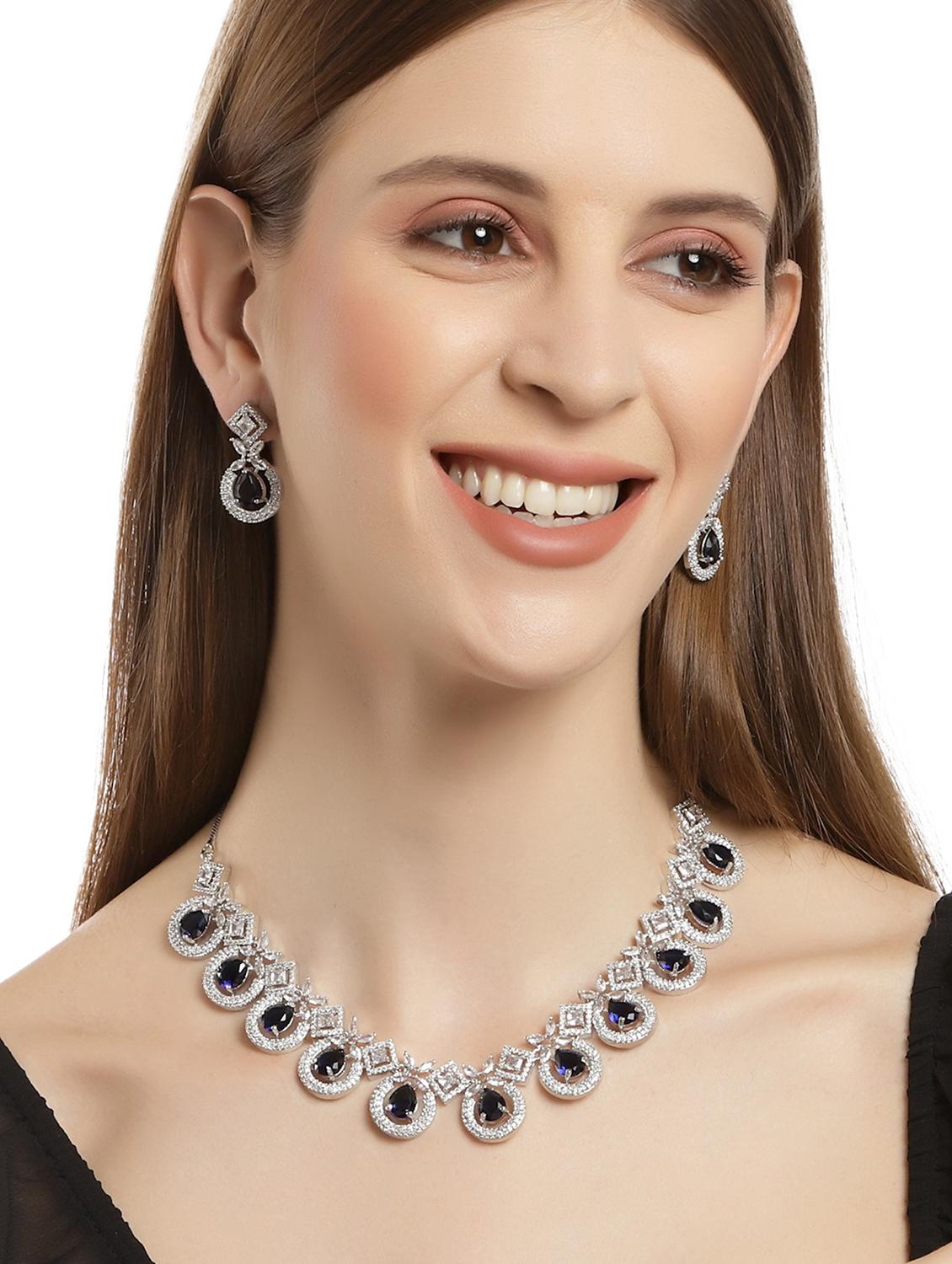 karatcart silver tone blue american diamond studded necklace set - 18635848 - Standard Image - 5