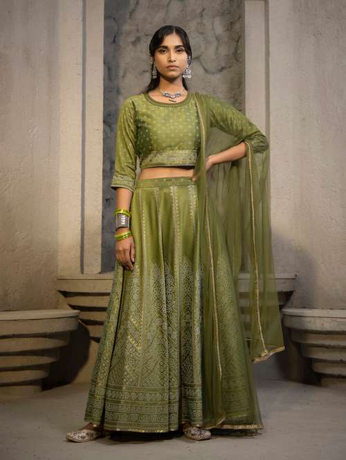 olive flared lehenga - 18699857 - Very Small Image - 1