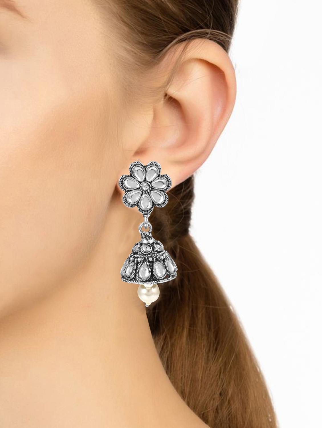 white brass jhumka earring - 18743398 - Zoom Image - 3