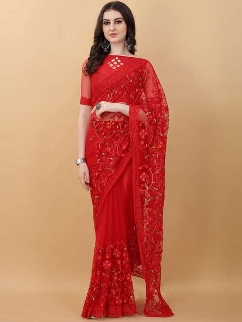 red floral embroidered saree with blouse - 18790301 - Very Small Image - 1