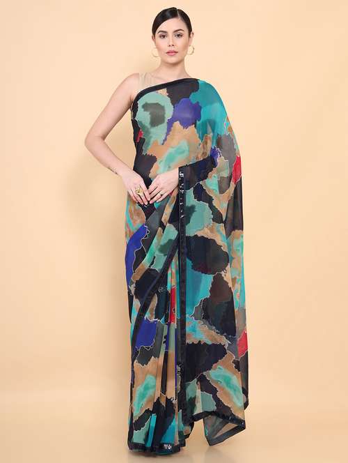 women's printed multi colored saree - 18933128 - Very Small Image - 1