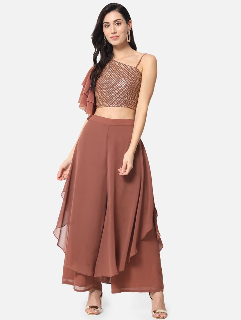 brown solid flared palazzo - 19207369 - Standard Image - 3