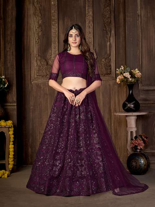 purple self design embroidered lehenga - 19220967 - Very Small Image - 1