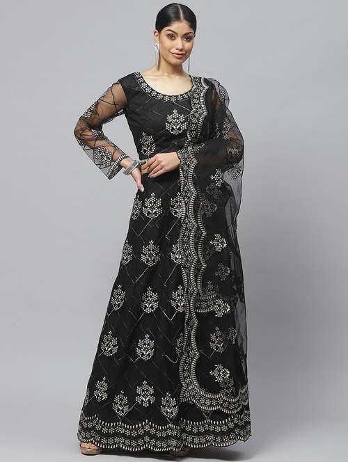 black embroidered flared lehenga - 19242873 - Very Small Image - 1