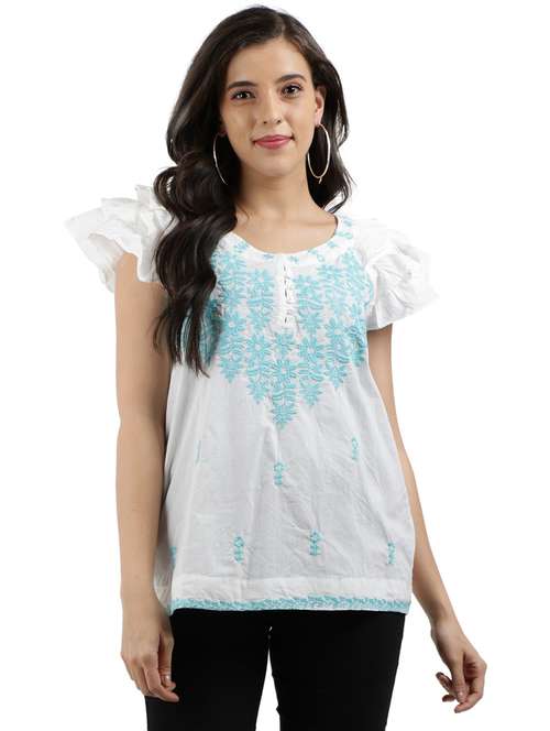 women's ruffle round neck top - 19298402 - Very Small Image - 1
