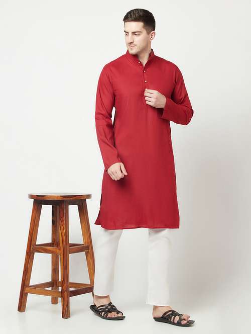 red solid side button long kurta - 19300374 - Very Small Image - 1
