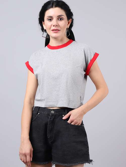 grey round neck solid crop t-shirt - 19313727 - Very Small Image - 1