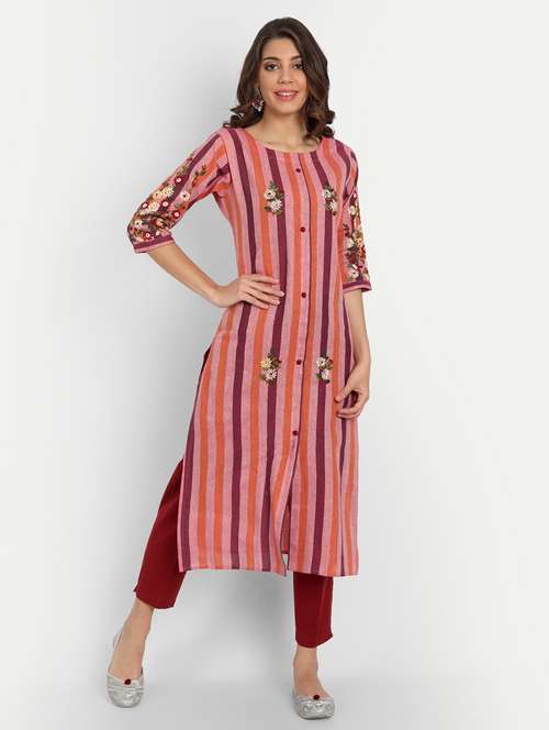 pink cotton straight kurta - 19350375 - Very Small Image - 1