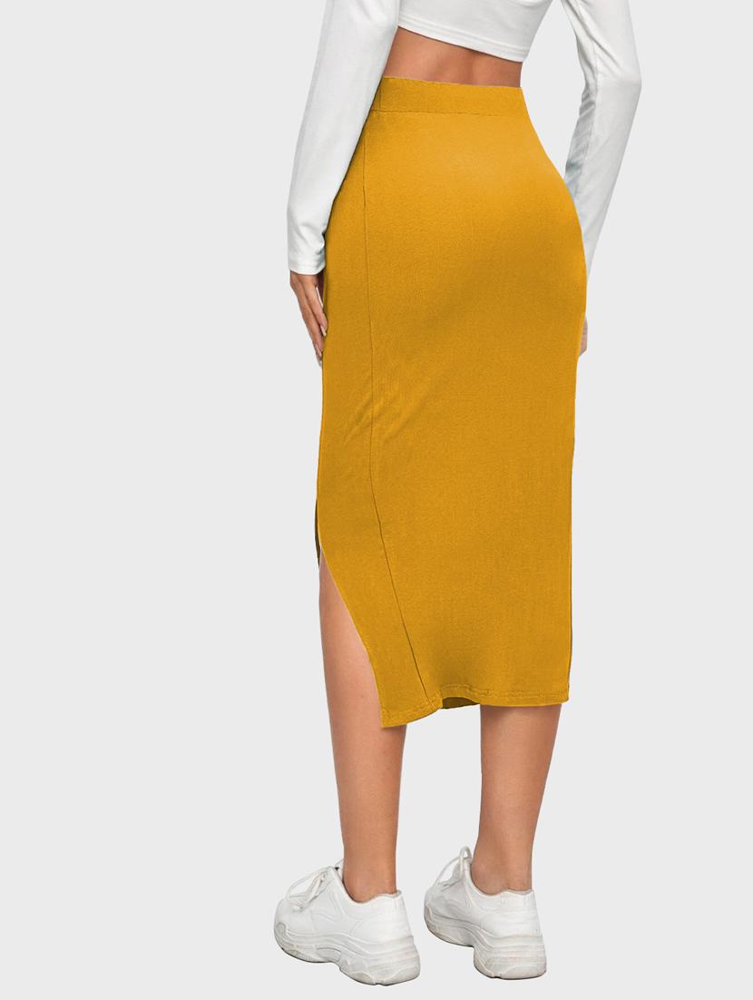yellow solid side slit skirt - 19414527 - Zoom Image - 3