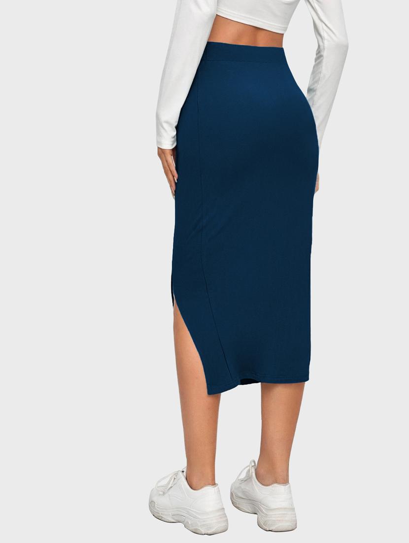 blue solid side slit skirt - 19414529 - Standard Image - 3