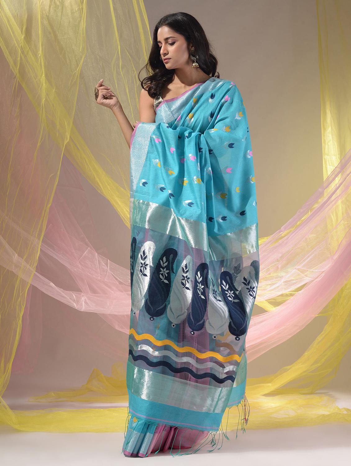women's self design light blue colored saree with blouse - 19418191 - Standard Image - 2