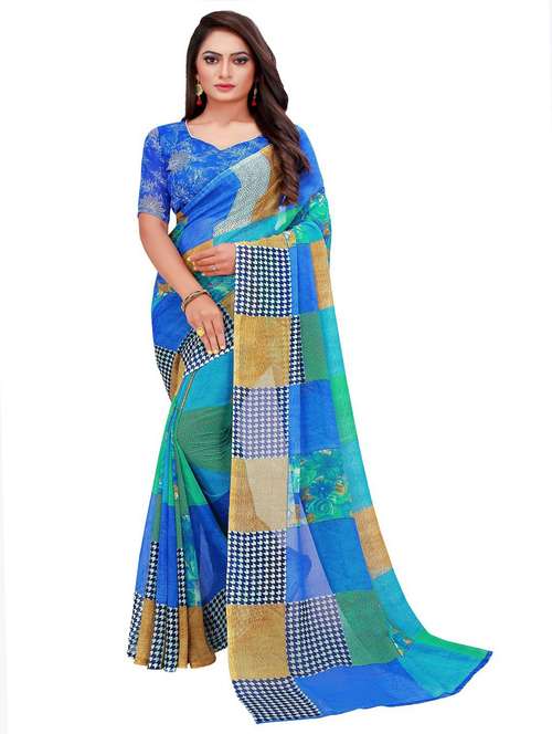 women's floral blue colored saree with blouse - 19427309 - Very Small Image - 1
