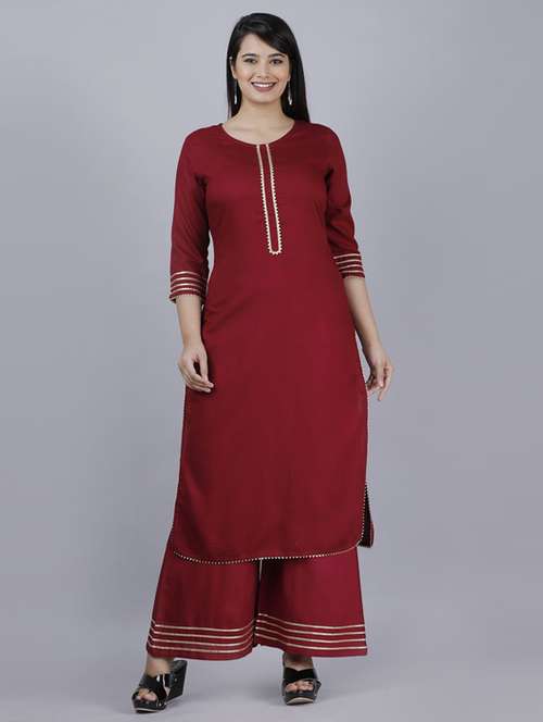 maroon self design kurta palazzo set - 19481775 - Very Small Image - 1