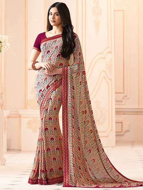 pink georgette printed saree with blouse - 19555281 - Very Small Image - 1