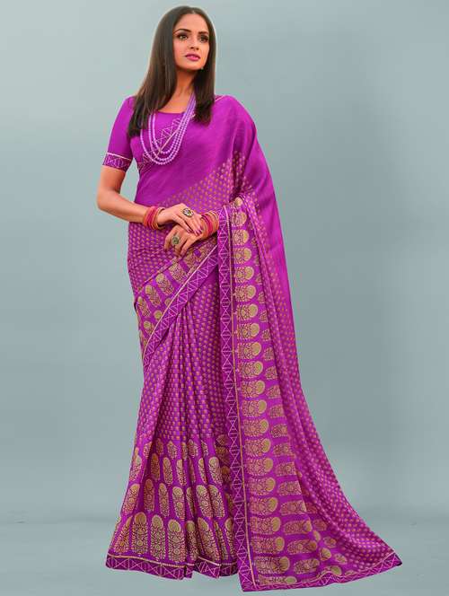 purple printed saree with blouse - 19555321 - Very Small Image - 1