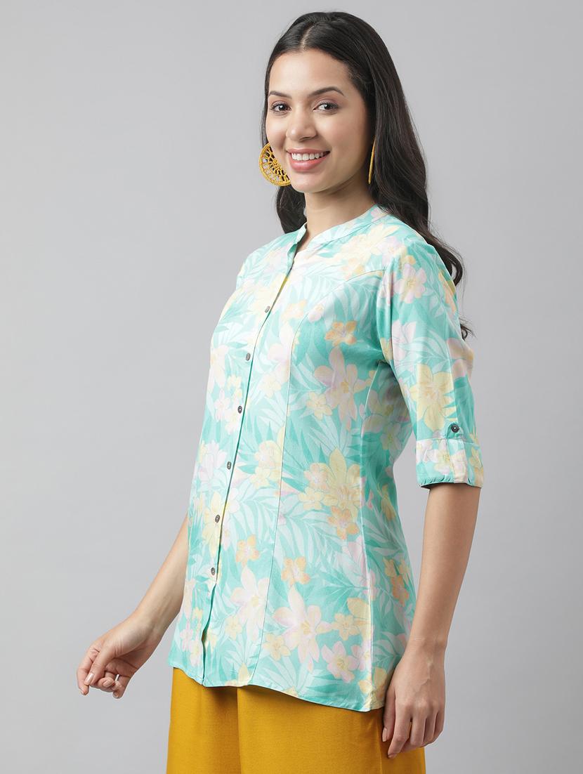 turquoise printed mandarin neck a-line tunic - 19578180 - Standard Image - 2