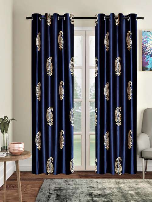home sizzler 2 pieces hand block gold paisley printed eyelet polyester door curtains-7 feet, blue - 19643296 - Very Small Image - 1