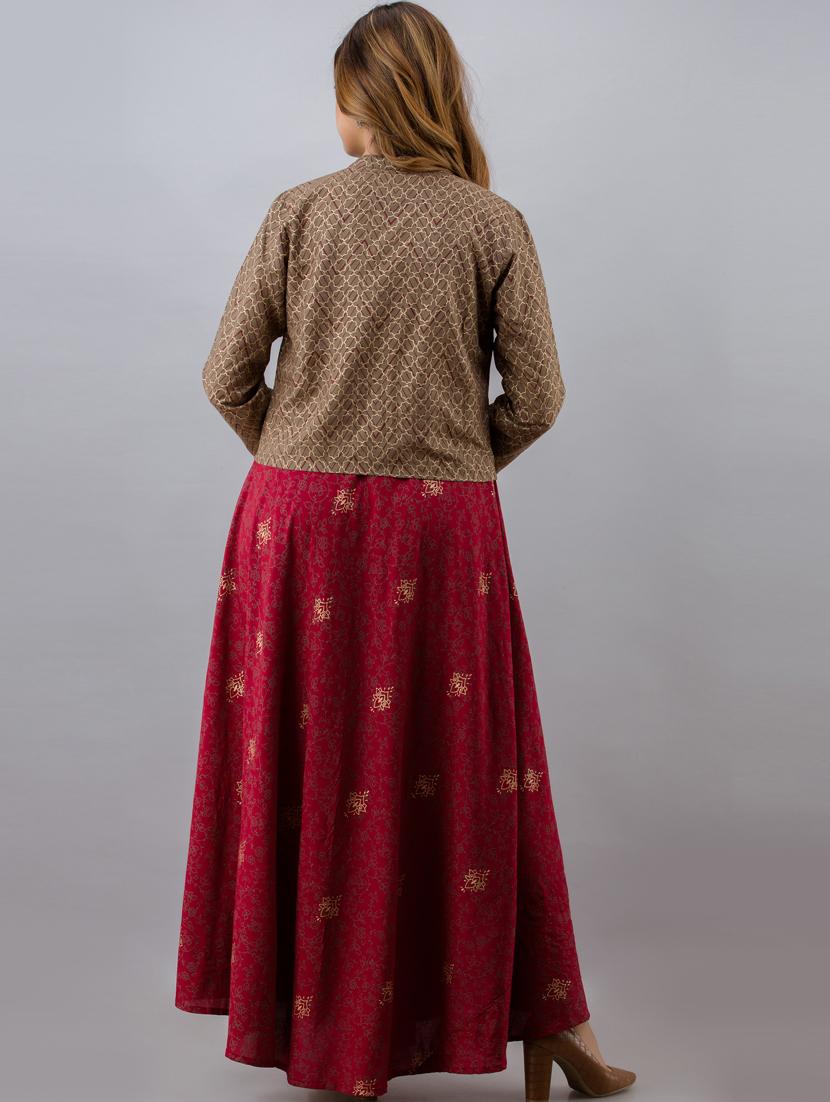 women boat neck printed flared kurta with jacket - 19693672 - Zoom Image - 2