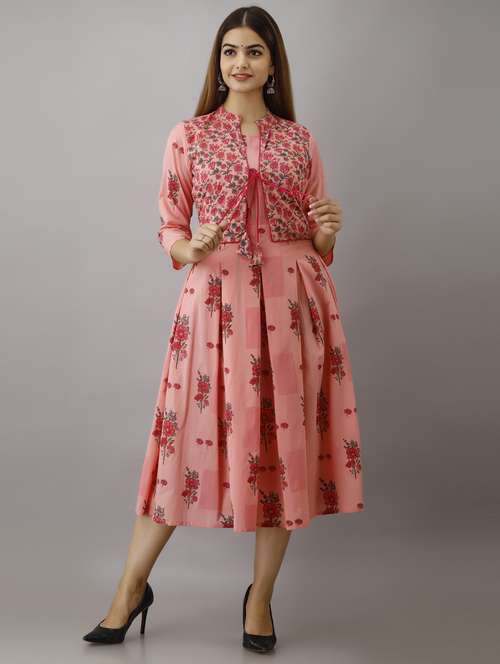 women boat neck printed flared kurta with jacket - 19693724 - Very Small Image - 1