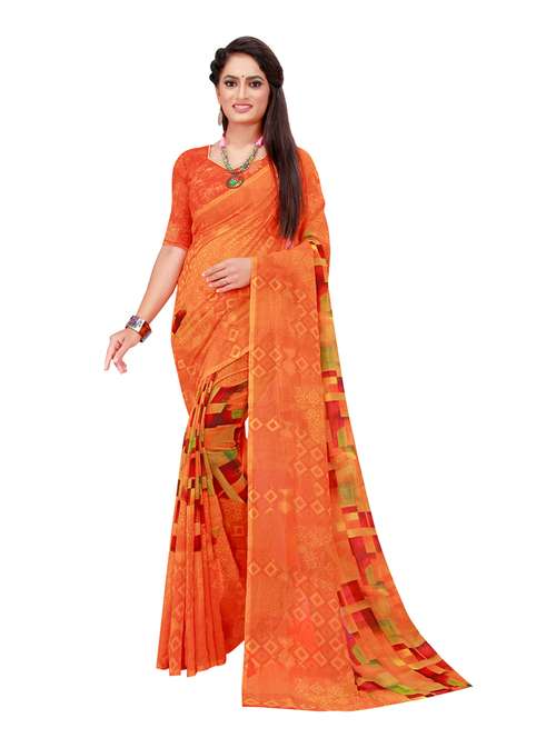 women's printed orange colored saree with blouse - 19727298 - Very Small Image - 1