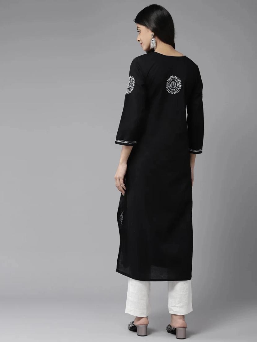 ada women's hand embroidered black & grey cotton lucknowi chikankari straight kurta - 19775806 - Standard Image - 2