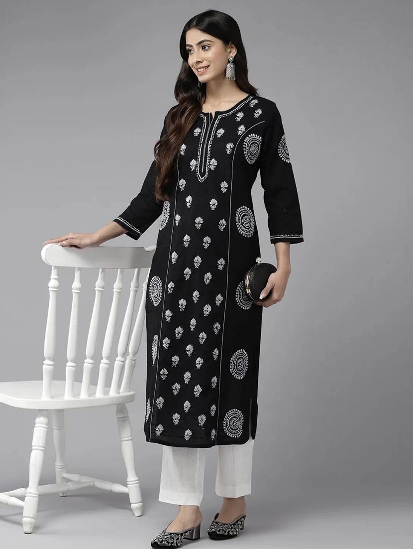 ada women's hand embroidered black & grey cotton lucknowi chikankari straight kurta - 19775806 - Zoom Image - 3