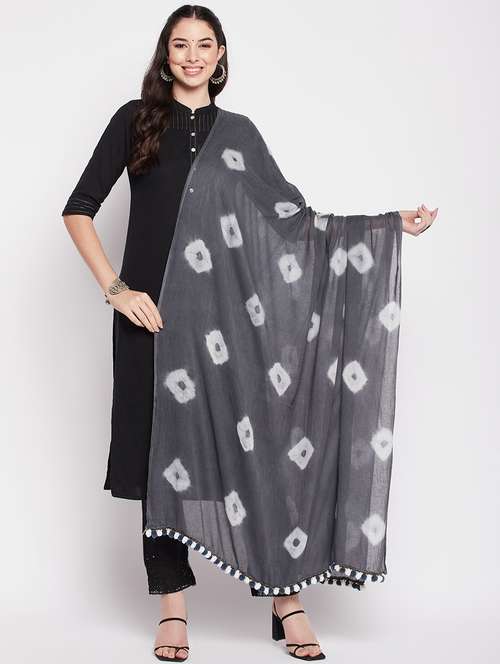 grey tie & dye dupatta with fringe border  - 19795965 - Very Small Image - 1