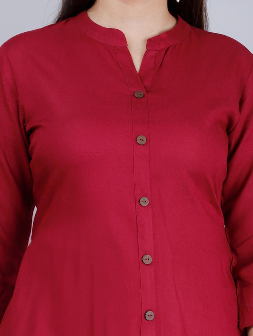 maroon solid three quarter sleeve kurta palazzo set - 19847399 - Zoom Image - 3