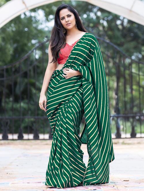 women's stripes dark green colored saree with blouse - 19870574 -  Standard Image - 0