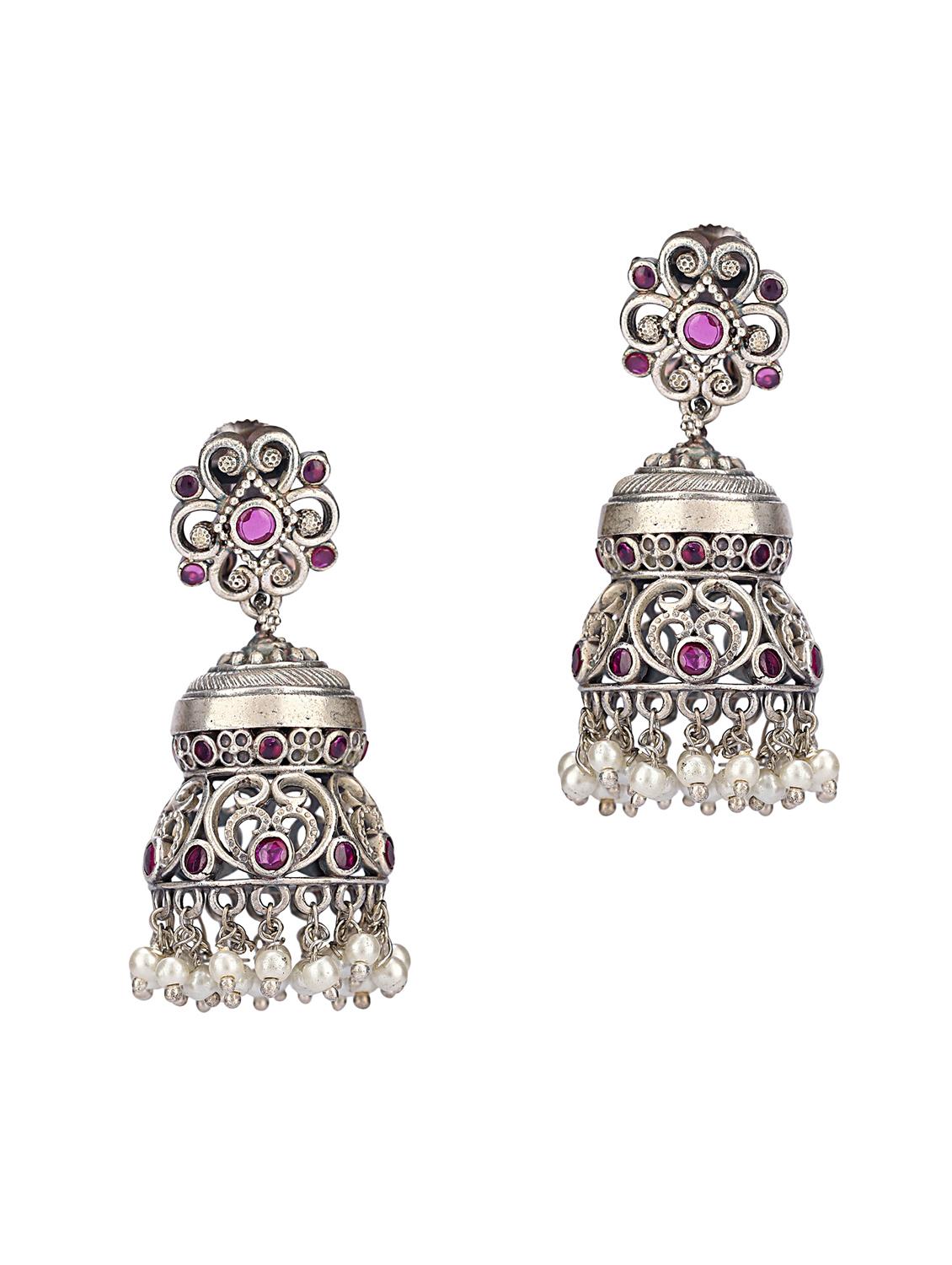 red silver tone brass jhumka - 19895034 - Standard Image - 1