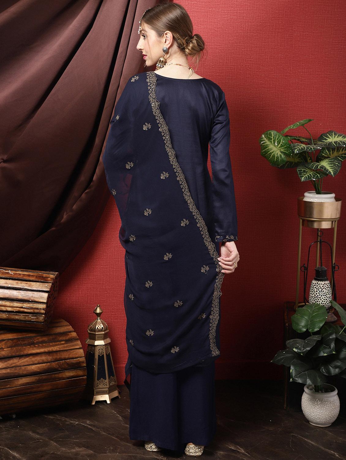 navy blue floral print unstitched suit set - 19992301 - Standard Image - 2