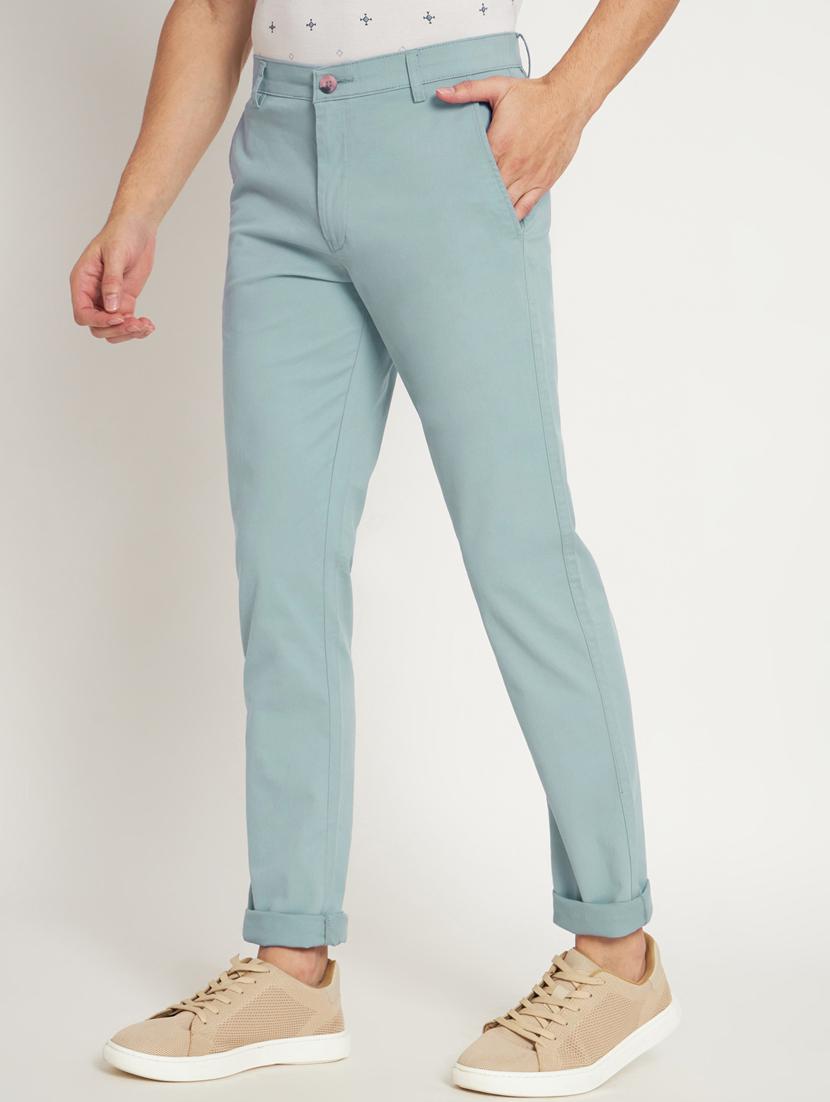 light blue cotton flat front casual trousers - 20009710 -  Standard Image - 1