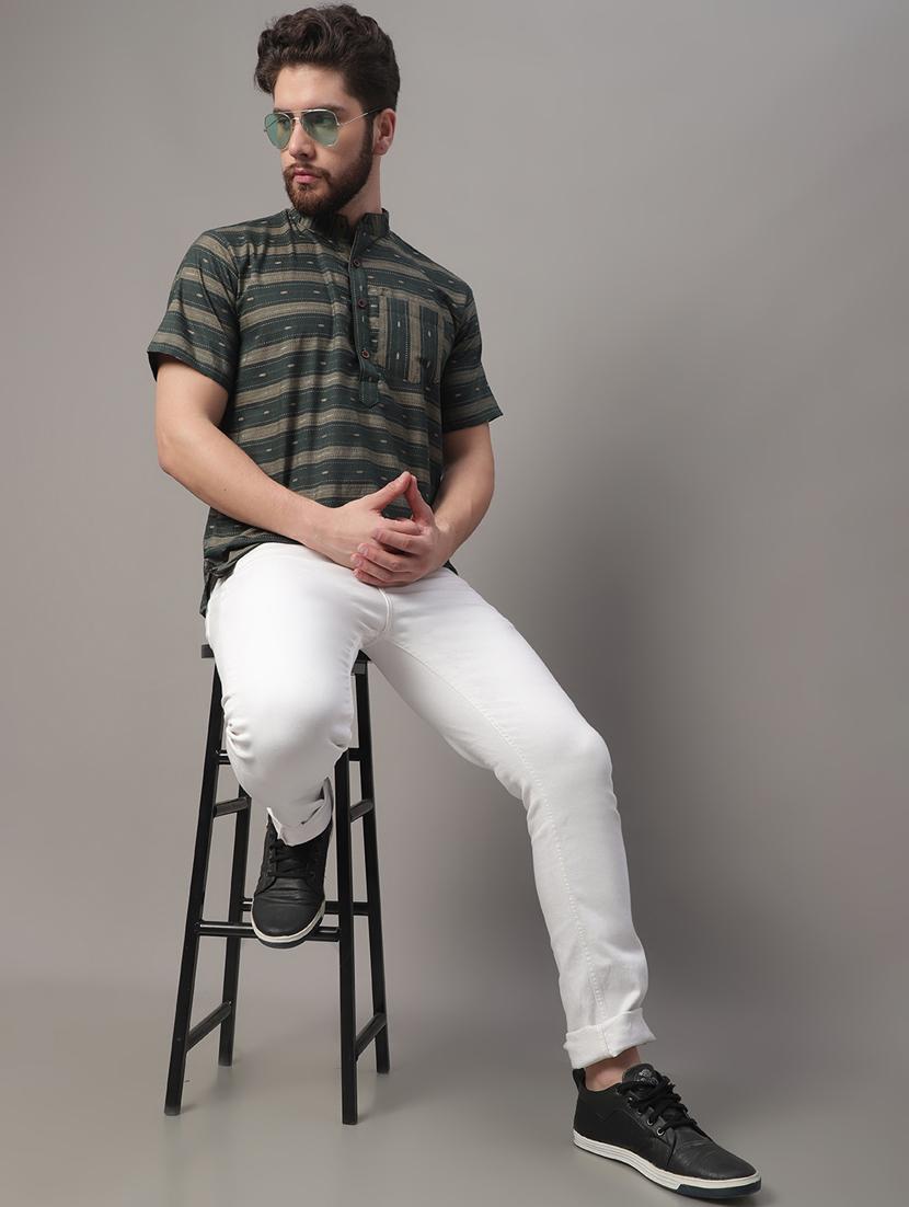 mandarin neck striped short kurta - 20009835 - Zoom Image - 4